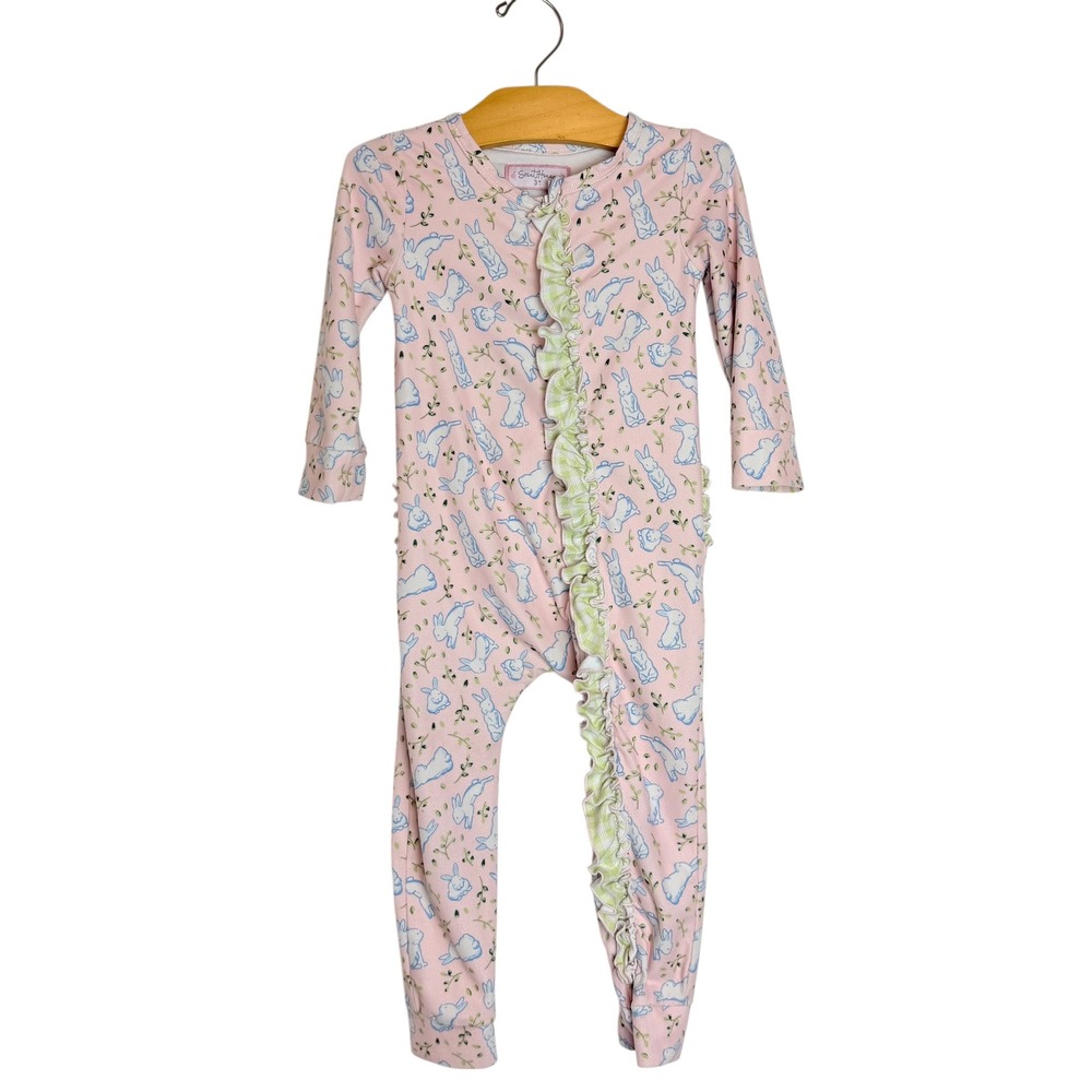 SweetHoney Girls Pink Bunny Print Ruffle Zip Romper One Piece 3T Long Sleeve